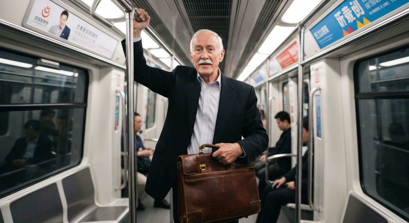 Older white adult taking the shanghai metro