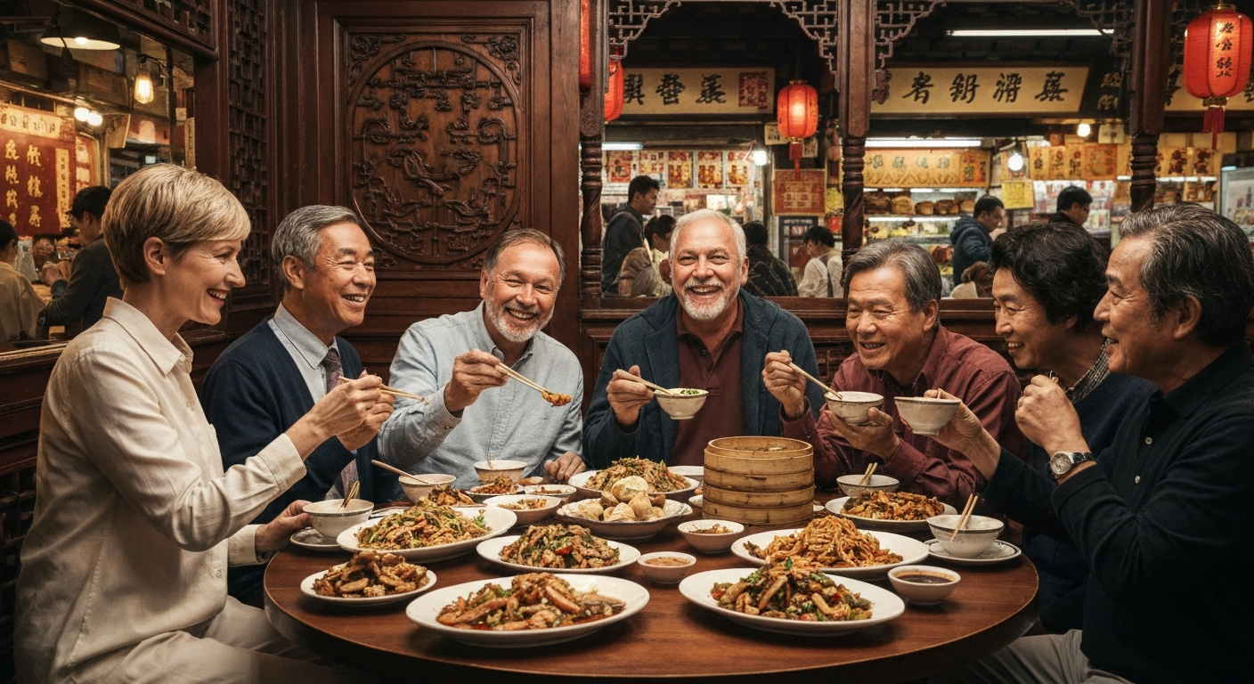 group of six diverse older adults getting a taste of Shanghai's food scene