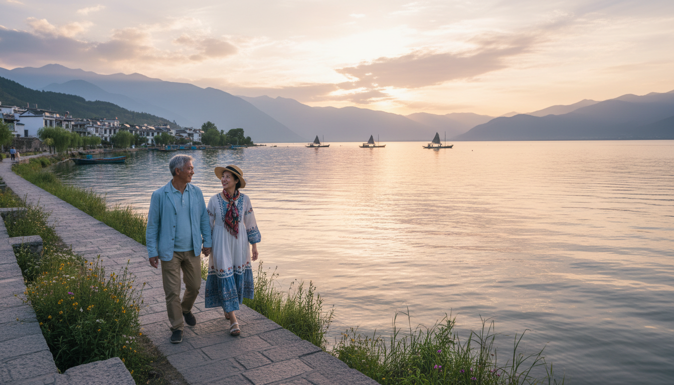 Erhai Lake with older couple walking