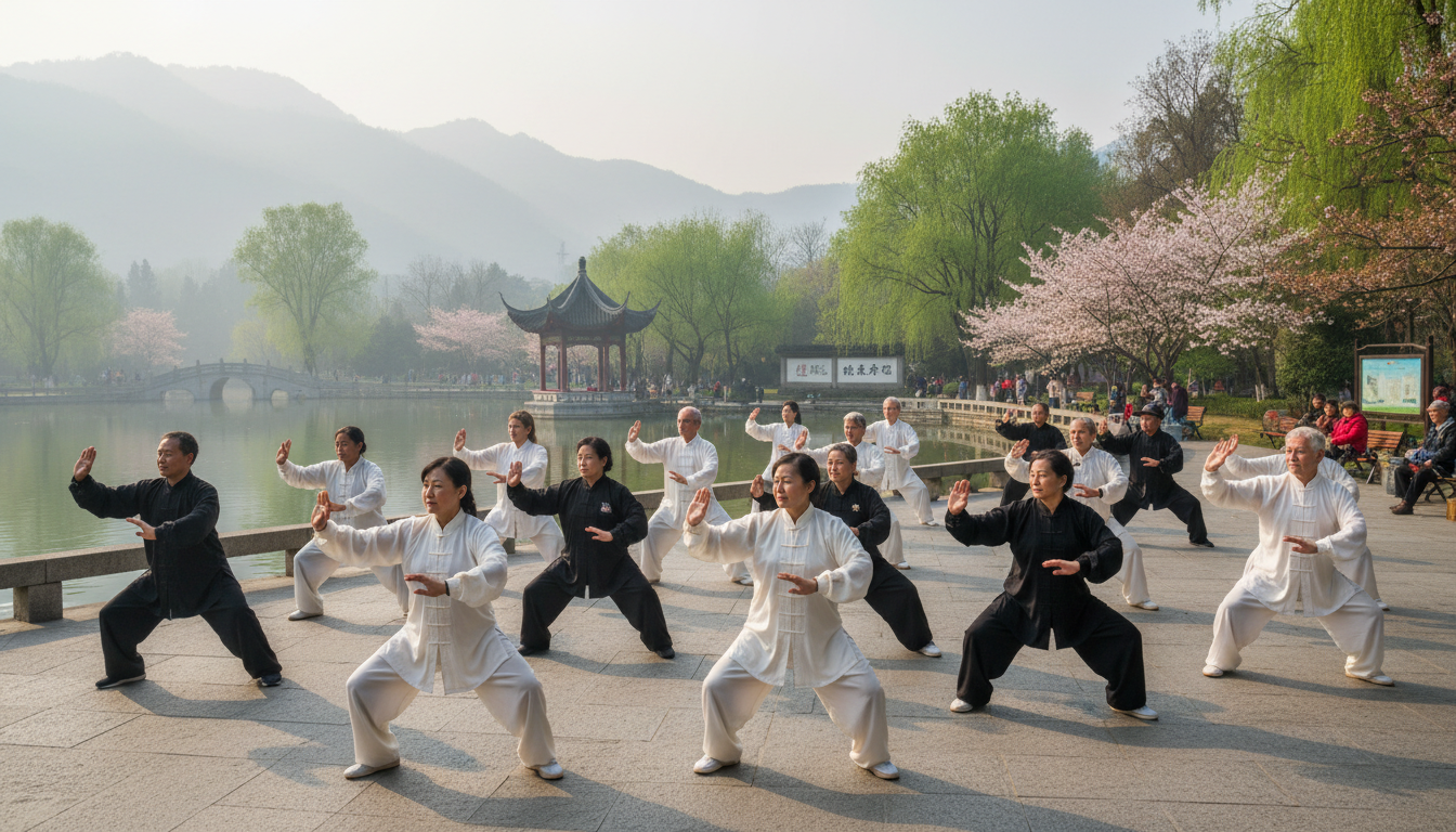 Kunming park with group of elder chinese and whit tourist doing tai chi
