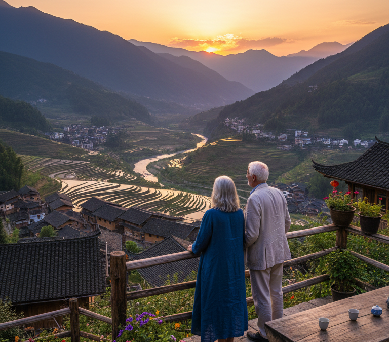 Older couple relaxing on a guesthouse terrace in Yunnan at sunset