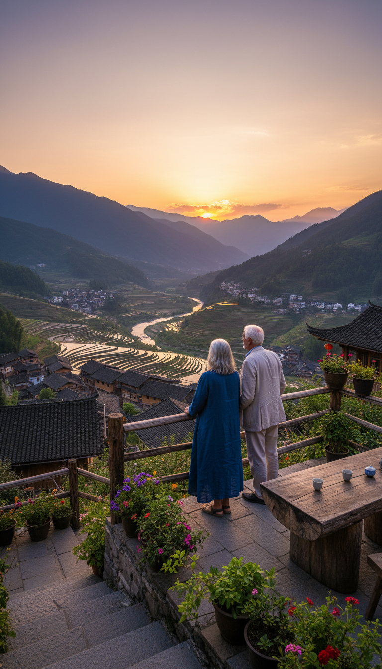 Guesthouse terrace in yunnan at sunset with older white couple looking at the view