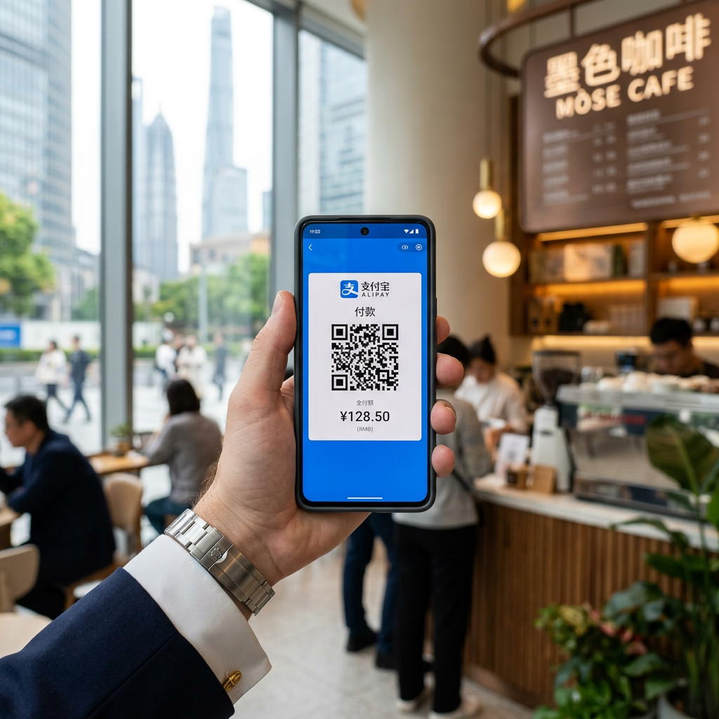 Executive using Alipay for digital payment in a modern Chinese cafe