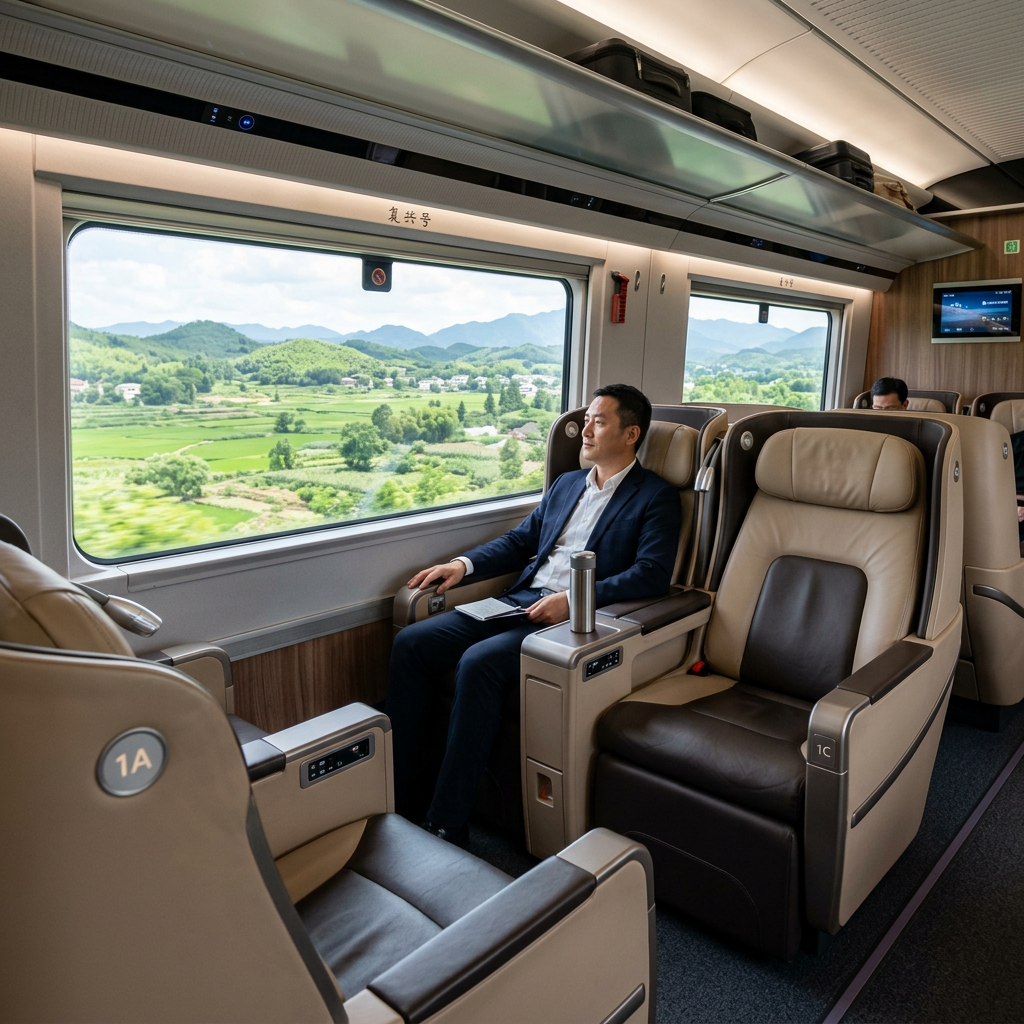 Inside a premium business class cabin of a Chinese high-speed train