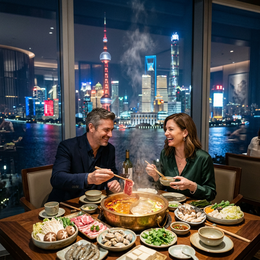 Couple sharing a steaming hot pot with a view of the Shanghai skyline