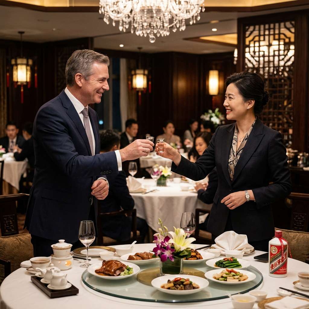Executives sharing a respectful toast at a Chinese business dinner