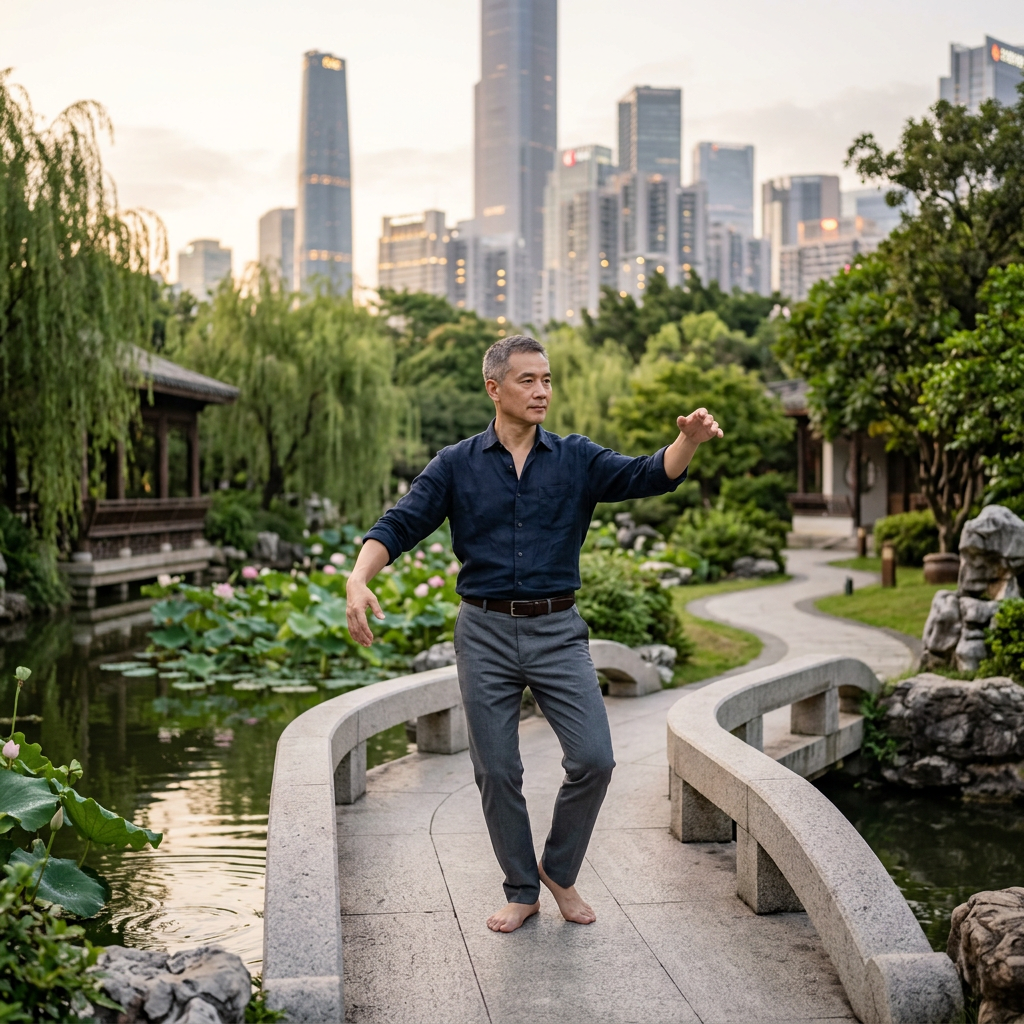 Professional executive practicing Tai Chi in a serene Chinese park