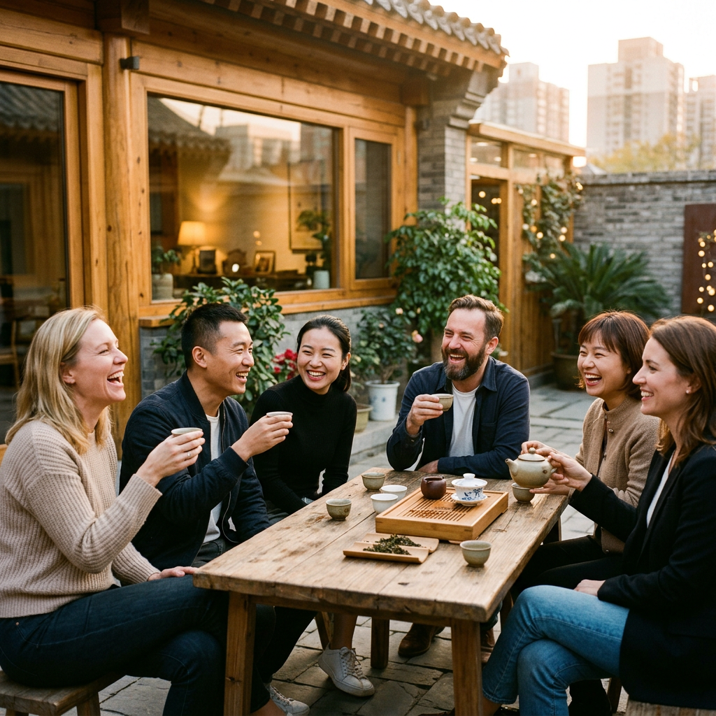 Group of diverse friends laughing in a Beijing courtyard