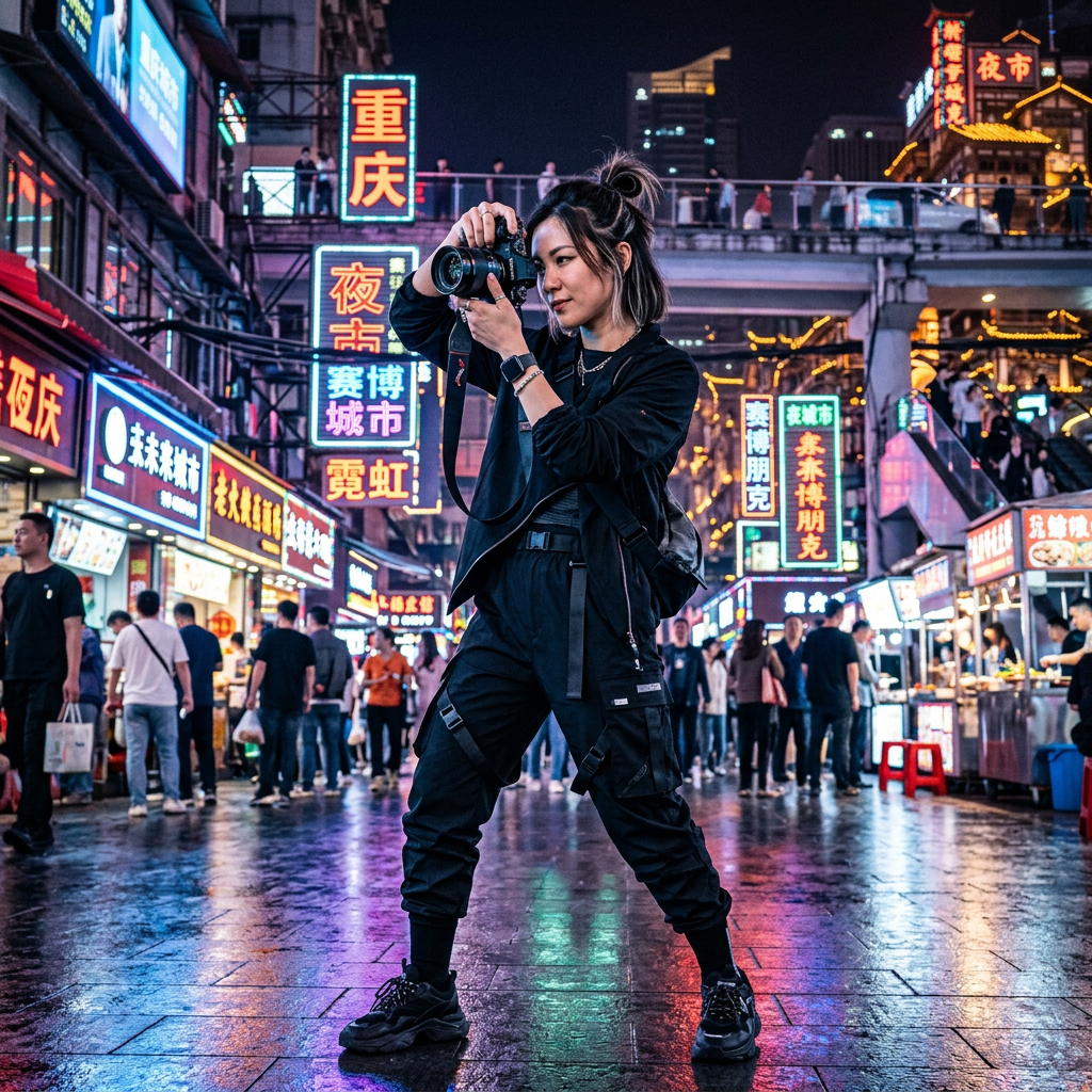 Stylish woman taking professional photos in a neon-lit street in Chongqing