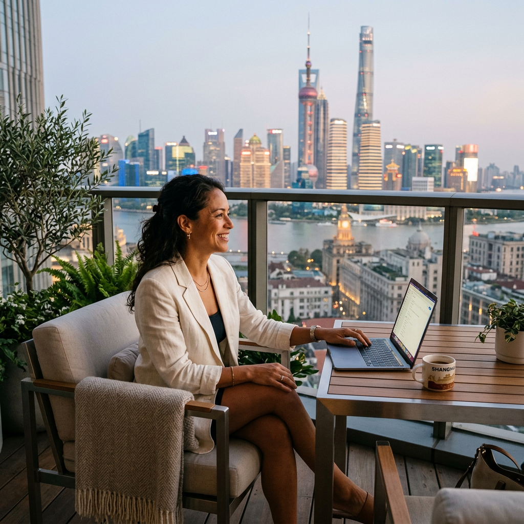 Professional person working from a stylish balcony in Shanghai