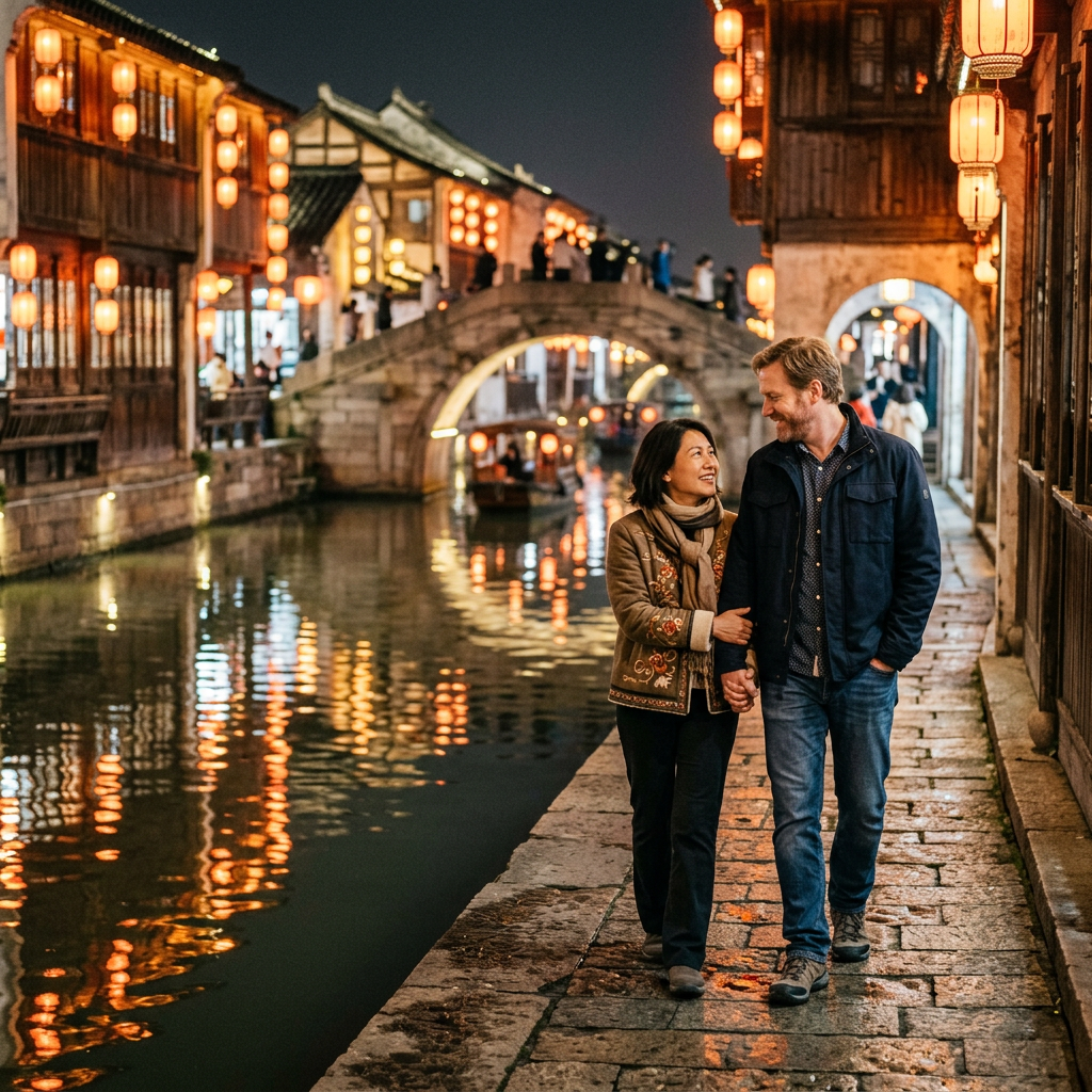 Couple walking hand-in-hand through a lantern-lit Suzhou street