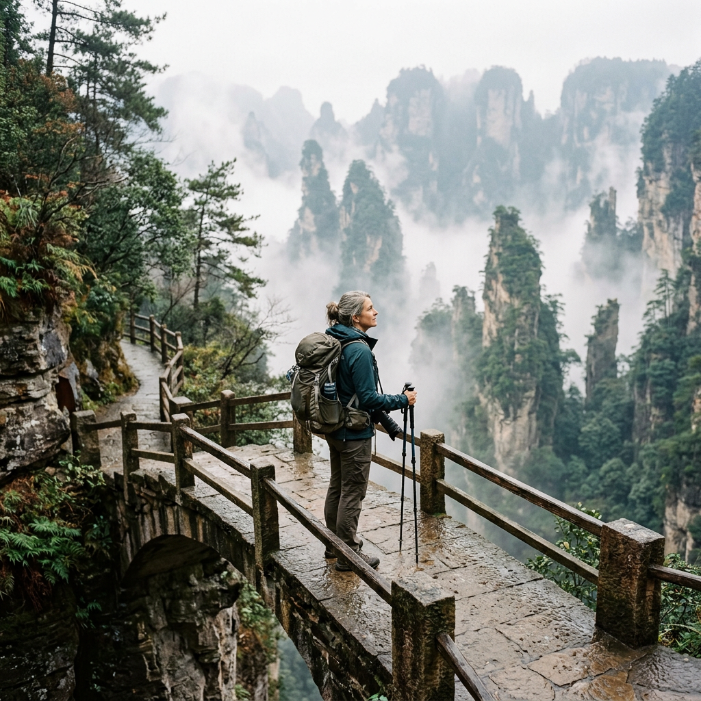 Lone explorer on a bridge in the misty Zhangjiajie mountains