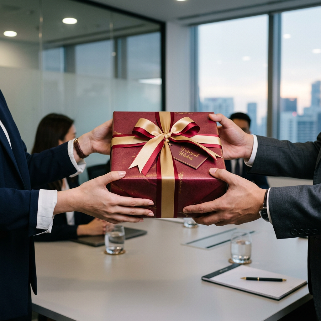 Refined corporate gift being presented with two hands in a Chinese office setting